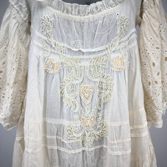 ANTICA SARTORIA Beach Babydoll Eyelet Lace Puffed Sleeves Beaded White Mini OS - Picture 6 of 10